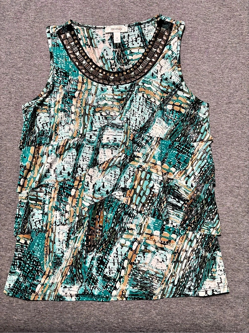 dressbarn Abstract Embellished Tank Top in Blue & Black Size Medium